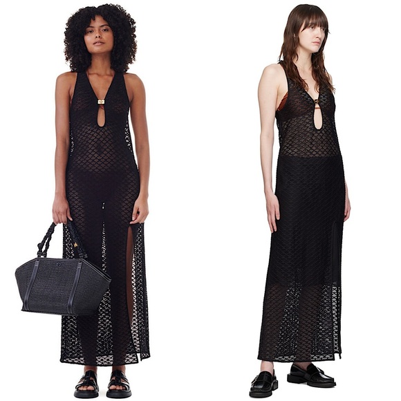 NWT GANNI Sheer Lace V-Neck Gold Butterfly Logo Clasp Sleeveless Maxi Dress L - Picture 1 of 13